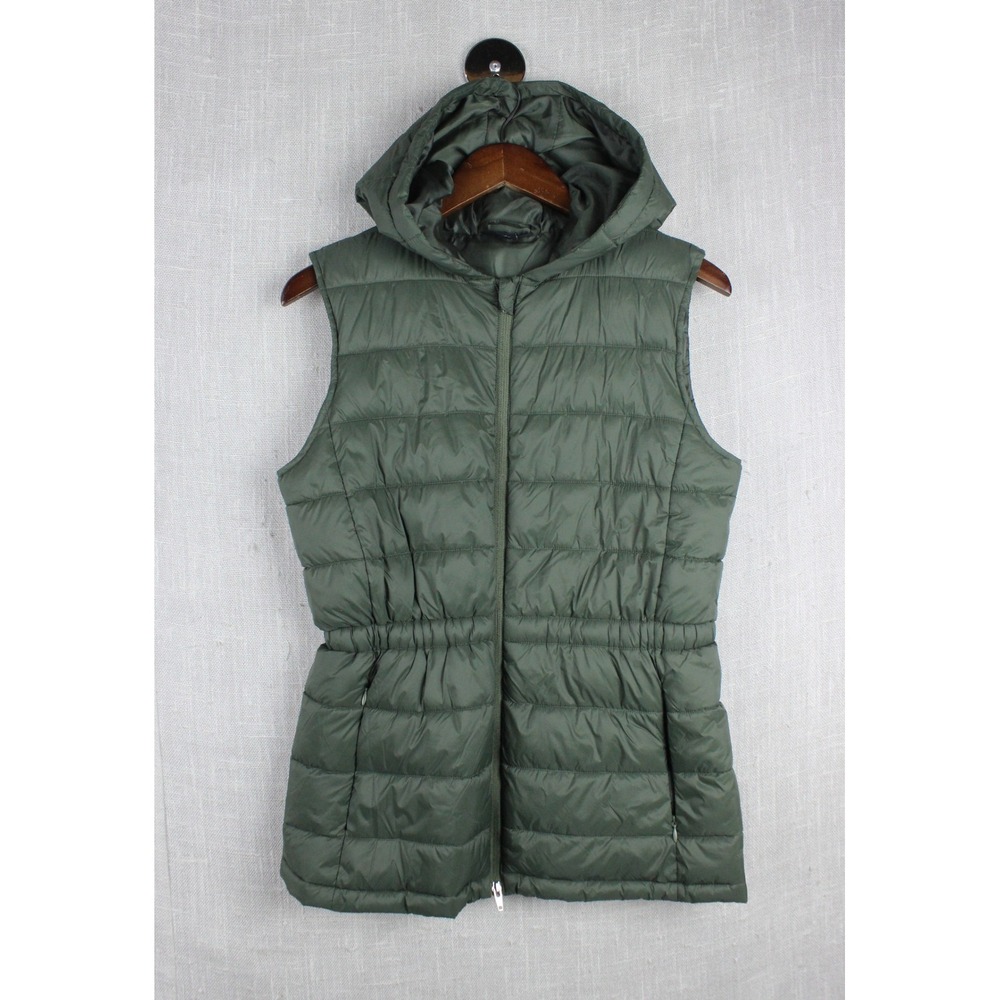 Swiss Tech Womens Hooded Puffer Vest Olive Green Cinched Waist Small 4-6